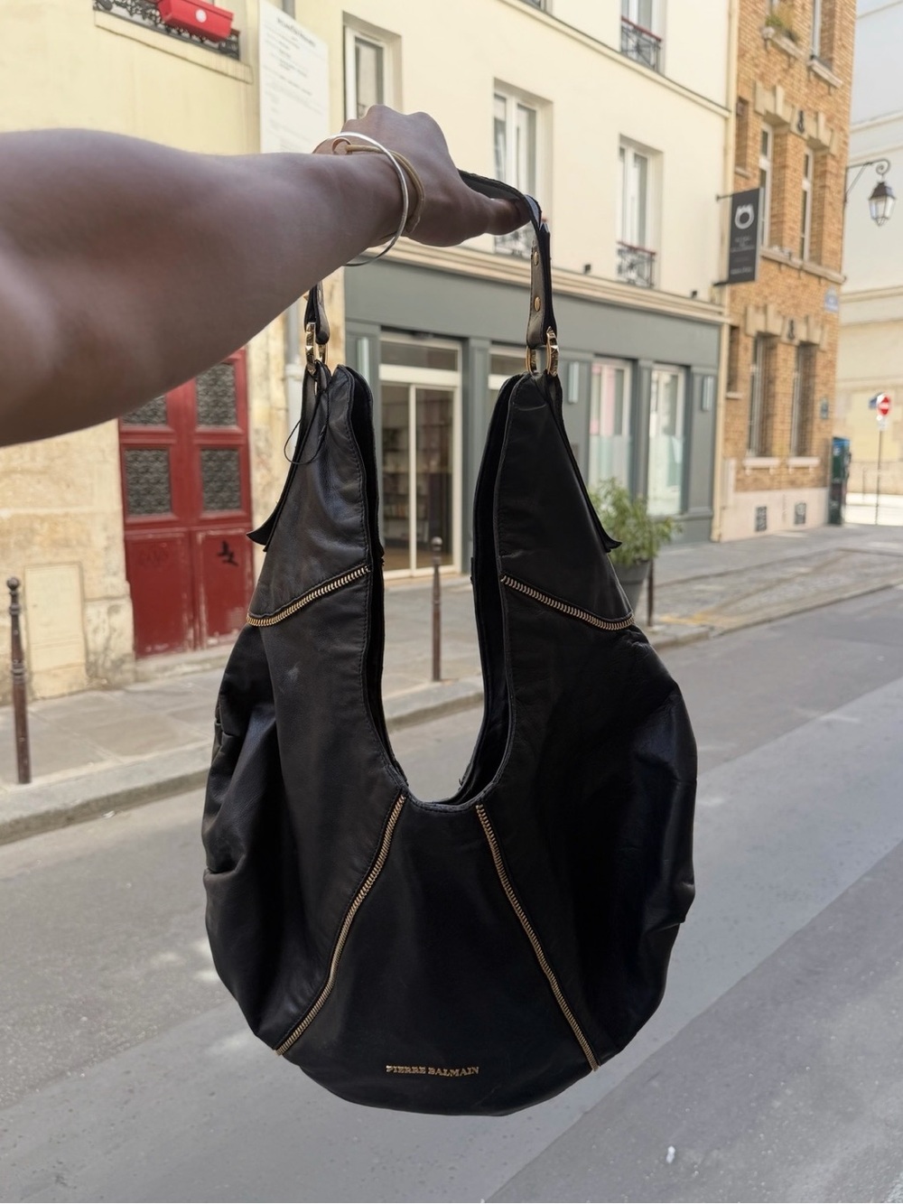 Pierre Balmain Black Leather Shoulder Hobo with Gold Hardware